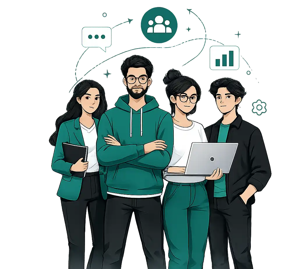 A diverse digital marketing contributor team collaborating and growing together